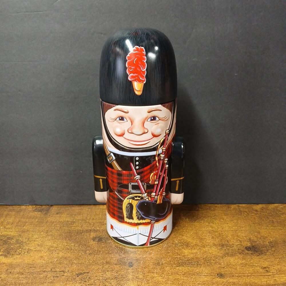 Cookie Tin Scottish Highlander Bagpipe 9 1/4" Nutcracker Round Cylinder Decor
